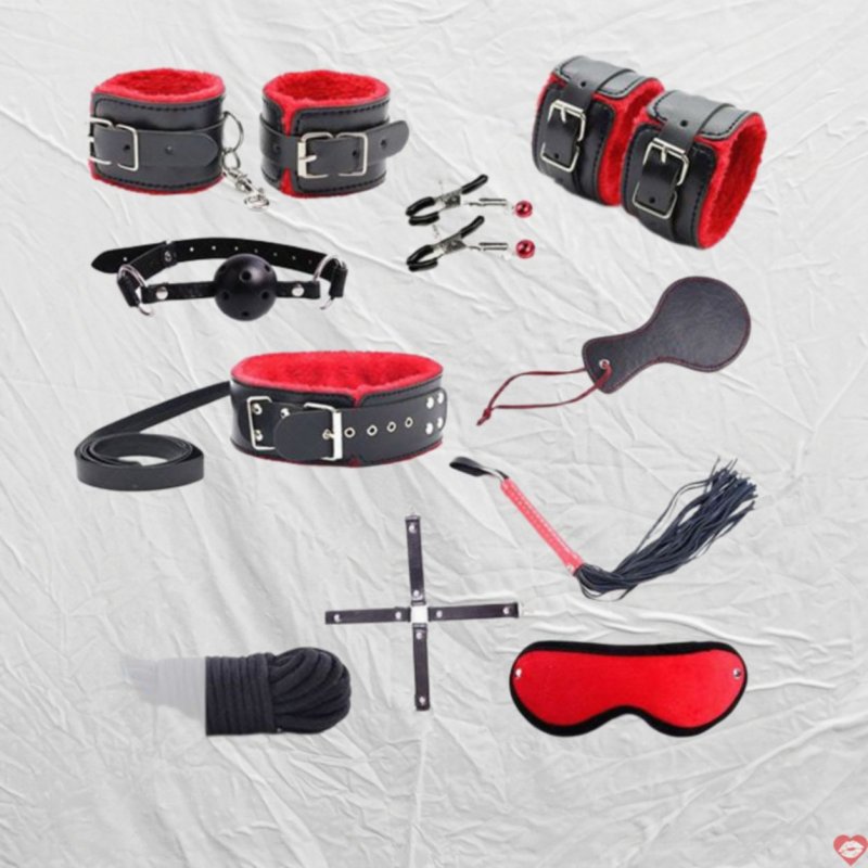 Bộ sex toy bạo dâm 10 món lót lông màu đỏ - đen