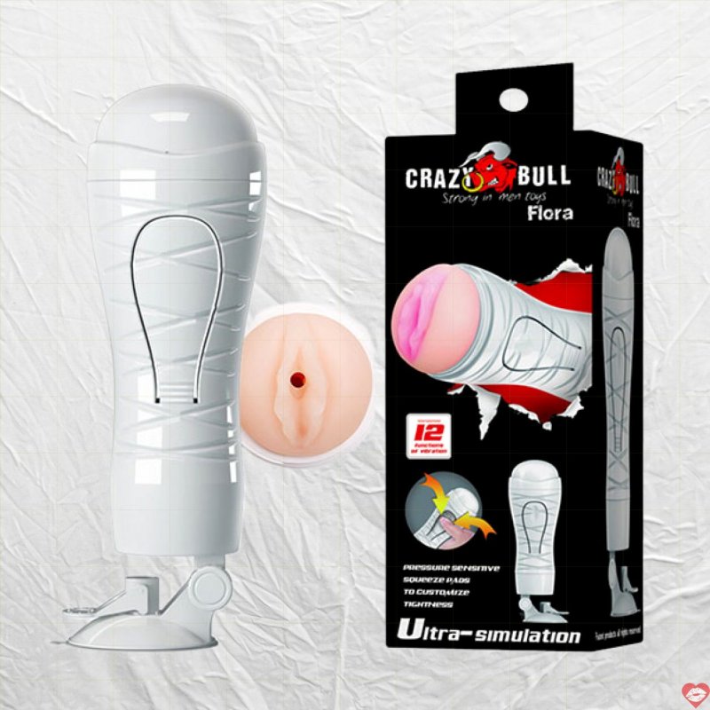 Âm đạo giả gắn tường Crazy Bull Flora trắng rung + âm thanh